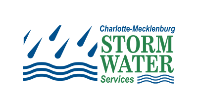 Logo with green text Charlotte-Mecklenburg Storm Water Services and blue raindrops and blue waves.