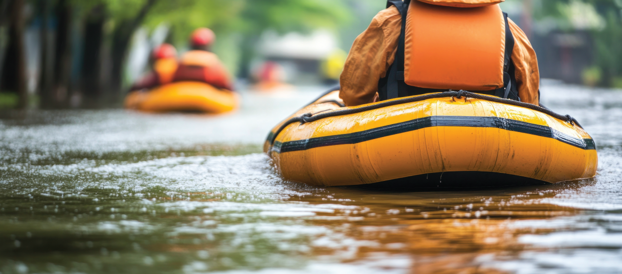 Rescue rafts move through a flooded street.