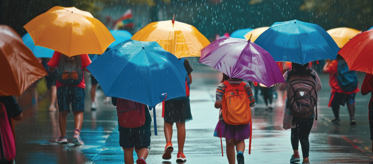 Group of people walking with colorful umbrellas in the rain.