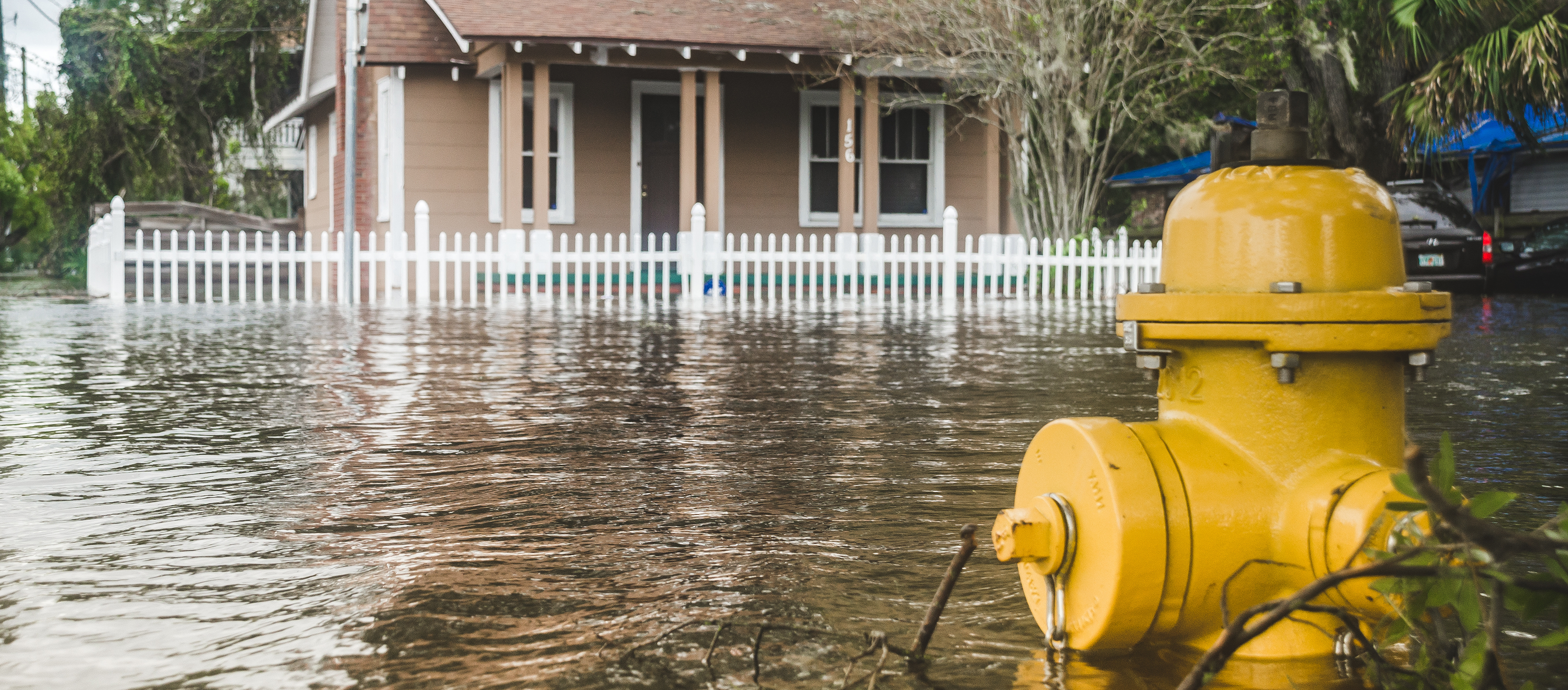 Flooded street with a house in the background and yellow fire hydrant in the front view.
