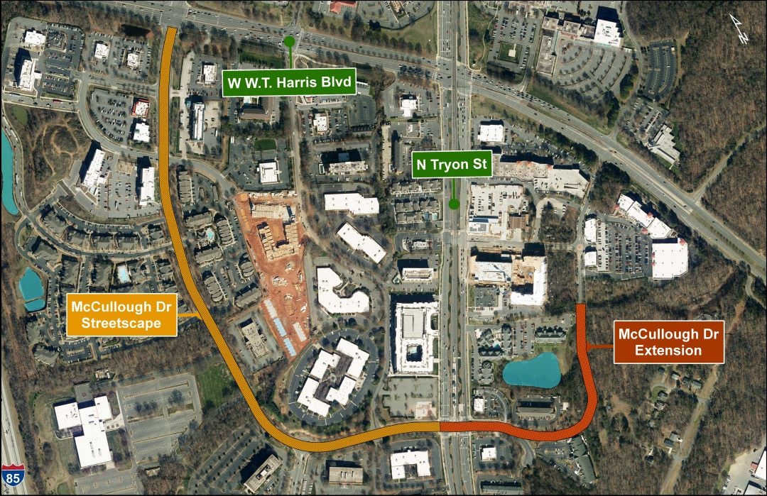 aerial view of project area with a yellow line depicting the streetscape project and the red line depicting the extension